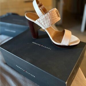 Tommy Hilfiger Cream Woven Ankle Strap Block Heel Sandals